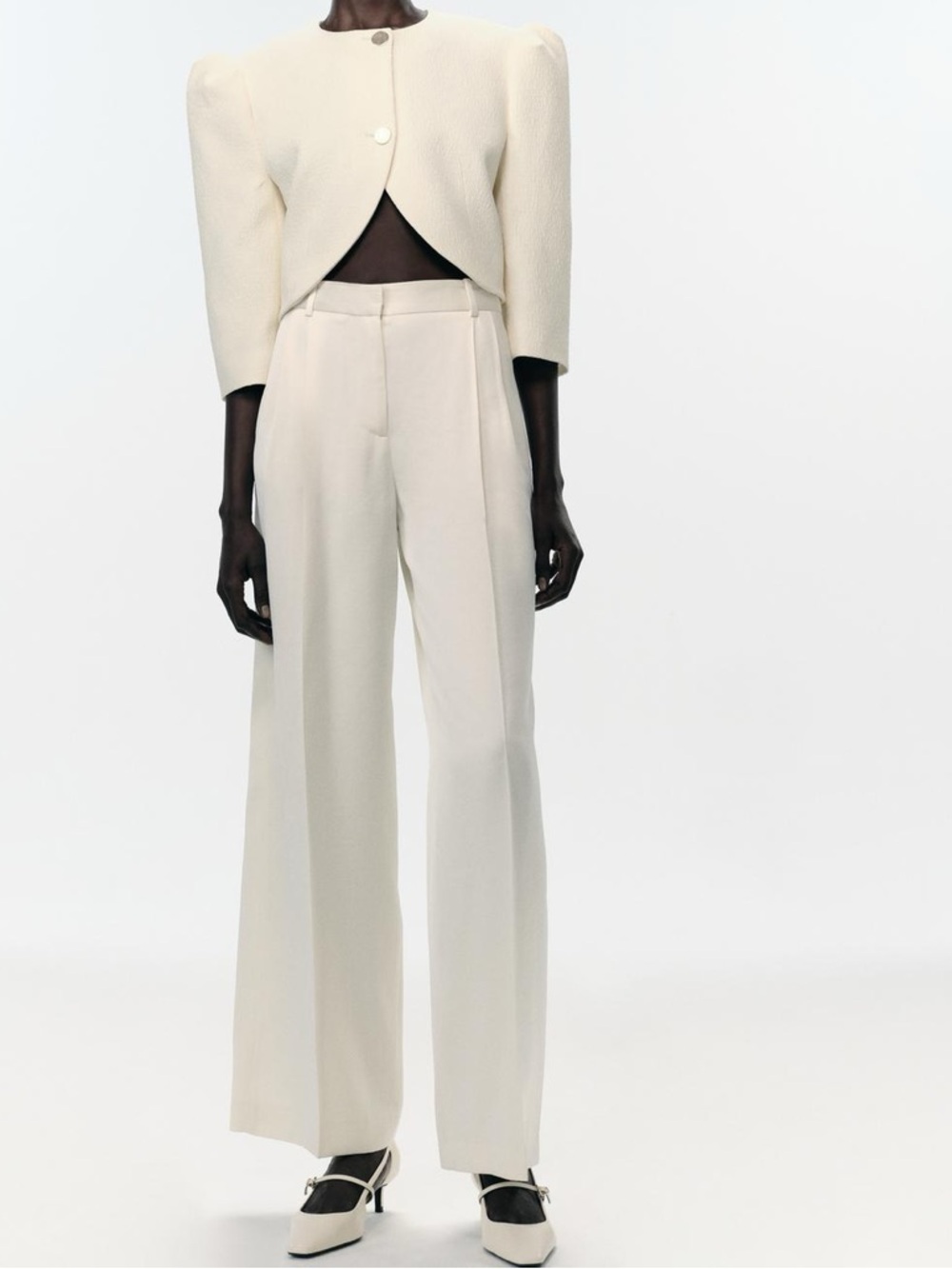 ZARA High Waist Satin Ivory Pleated Straight Leg Trousers Pants sz Medium - Picture 3 of 8
